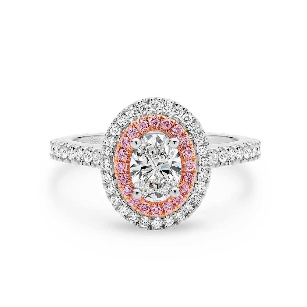 Oval Shape White &#038; Pink Double Halo Diamond Engagement Ring