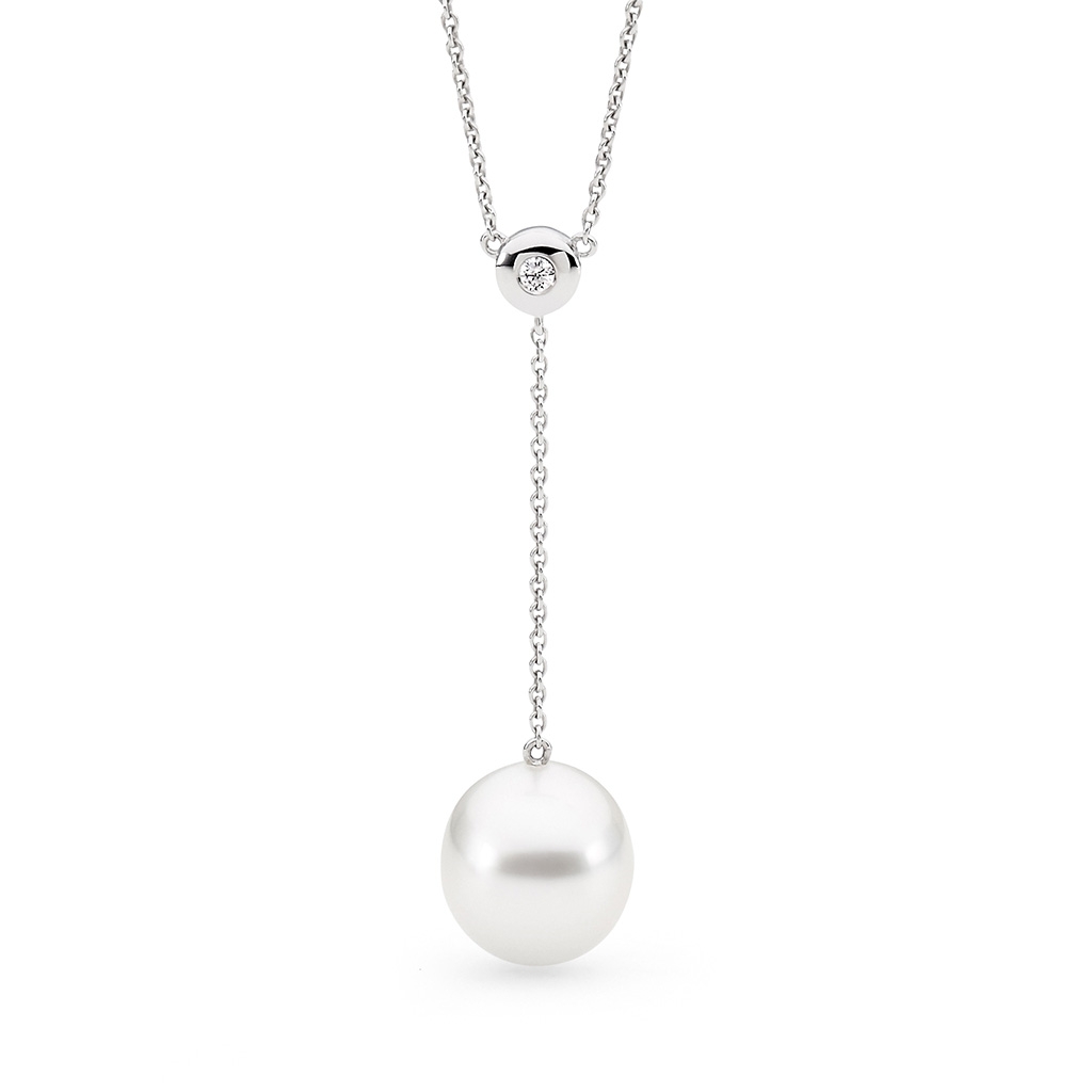 Allure South Sea Pearl Bezel Set Diamond Y-Necklace In 18K White Gold