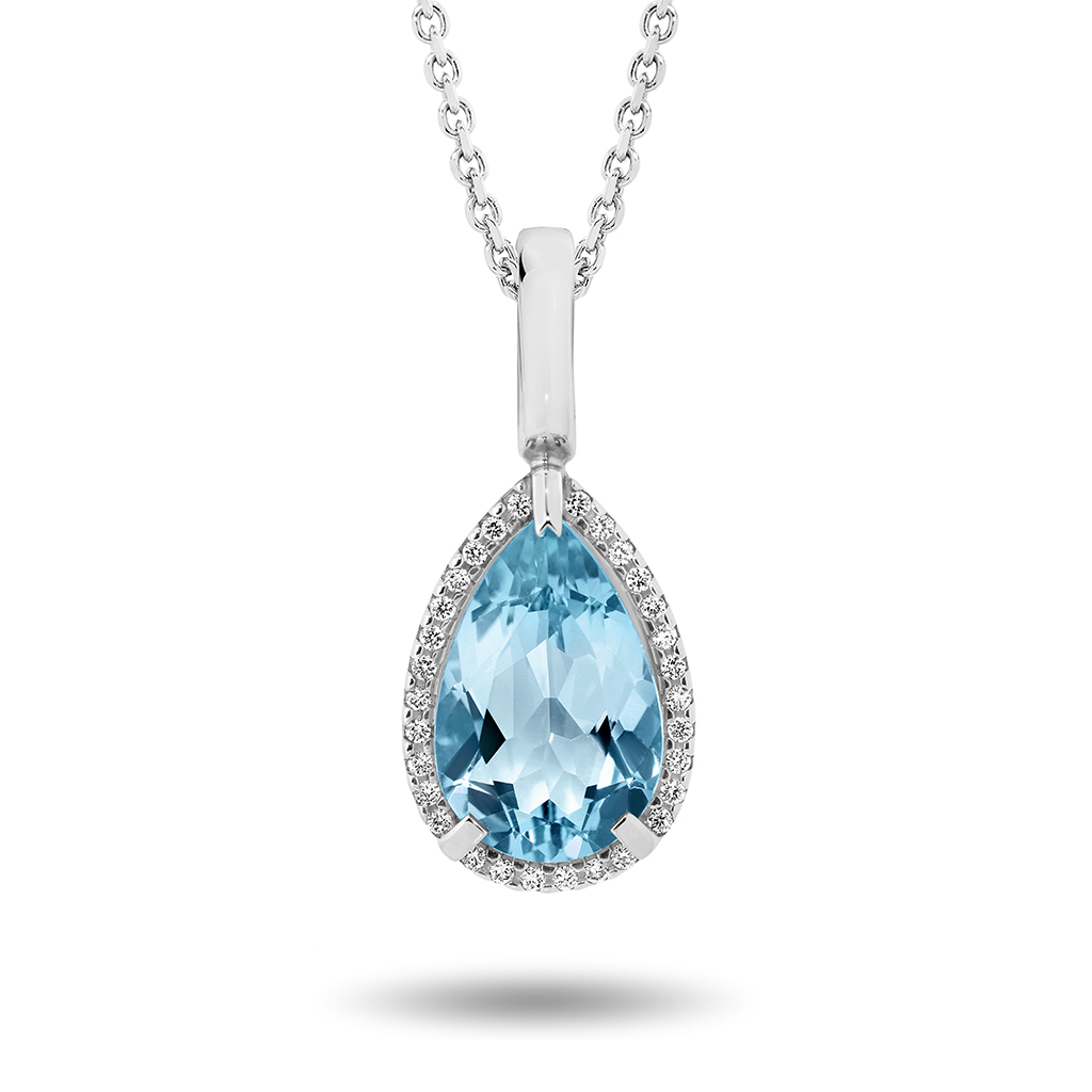 Blue Topaz &#038; Diamond Pear Halo Pendant