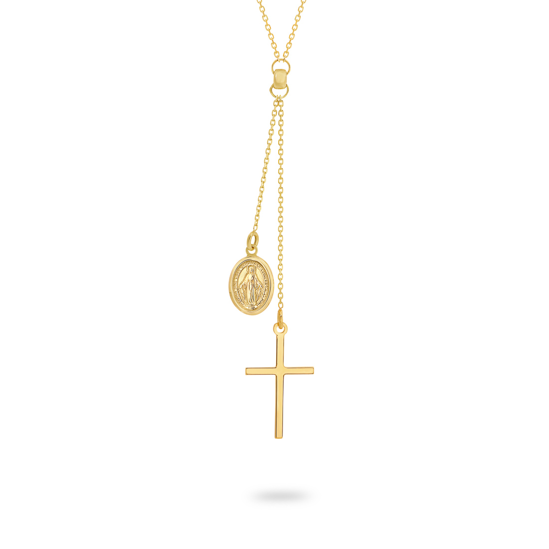 18K Yellow Gold Blessed Virgin Mary Medal &#038; Cross Necklace