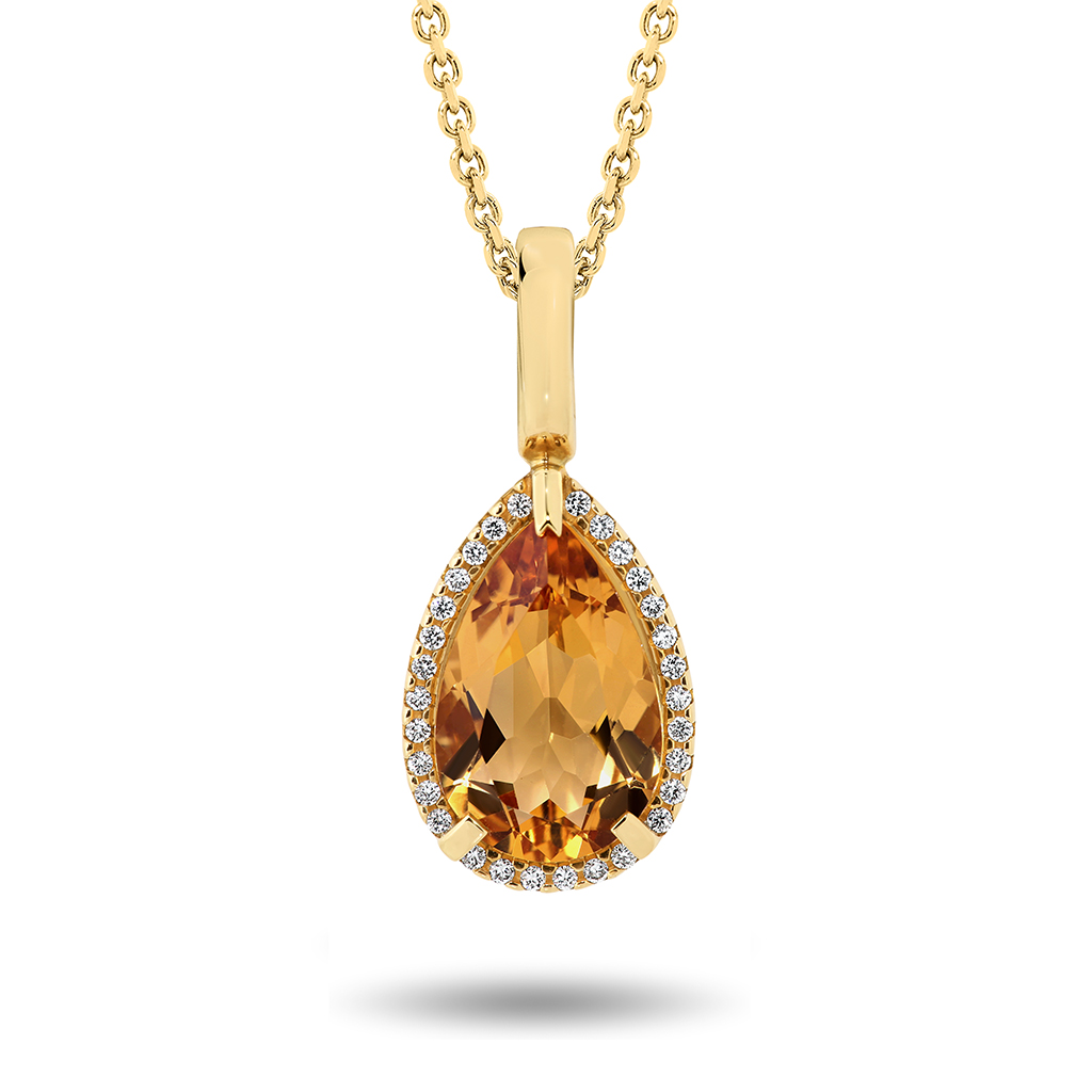 Citrine &#038; Diamond Pear Halo Pendant in Yellow Gold