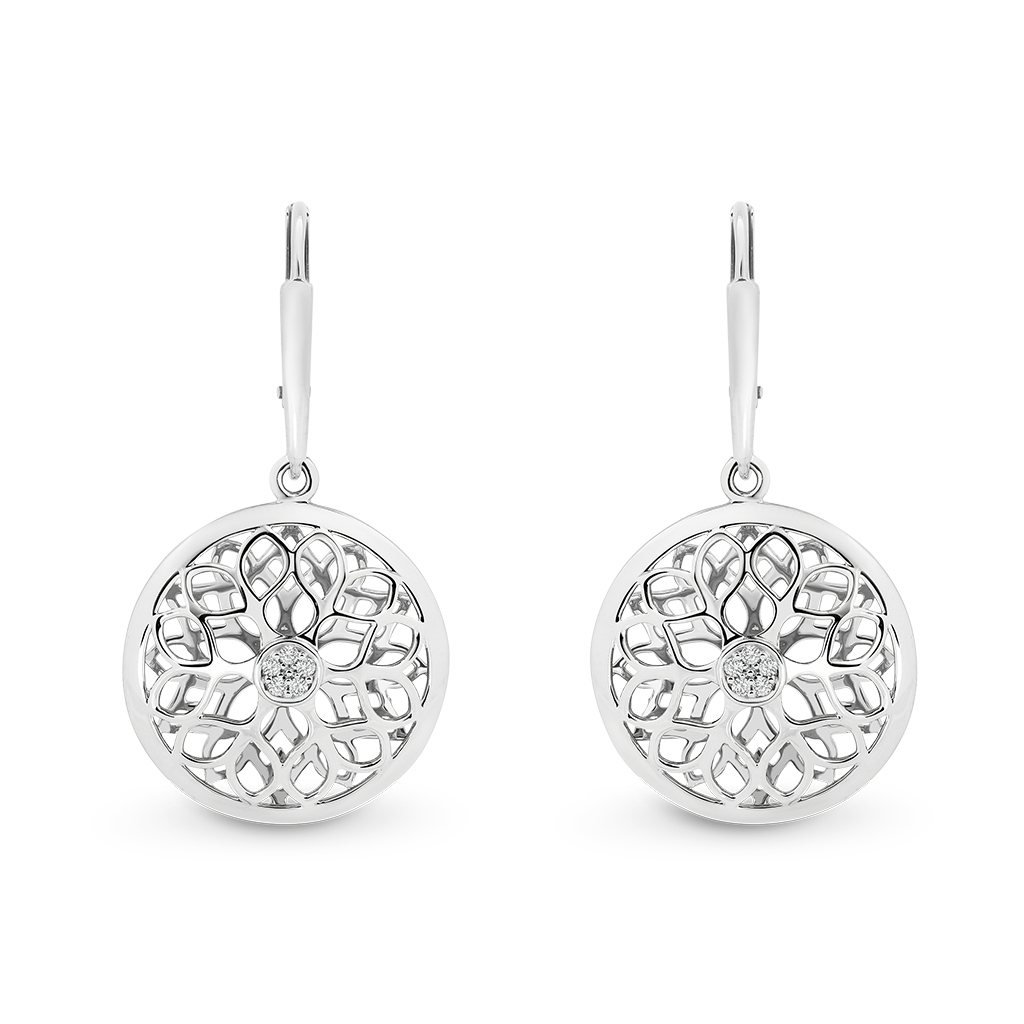 Flower Pattern Diamond Drop Earrings in White Gold