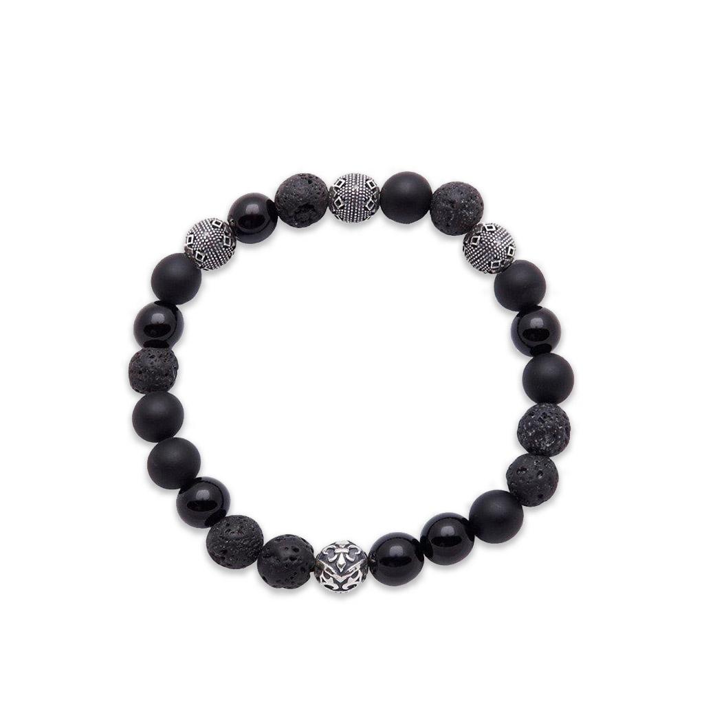 Nialaya Men&#8217;s Wristband with Lava Stone, Onyx, Agate and Silver Cairo Beads