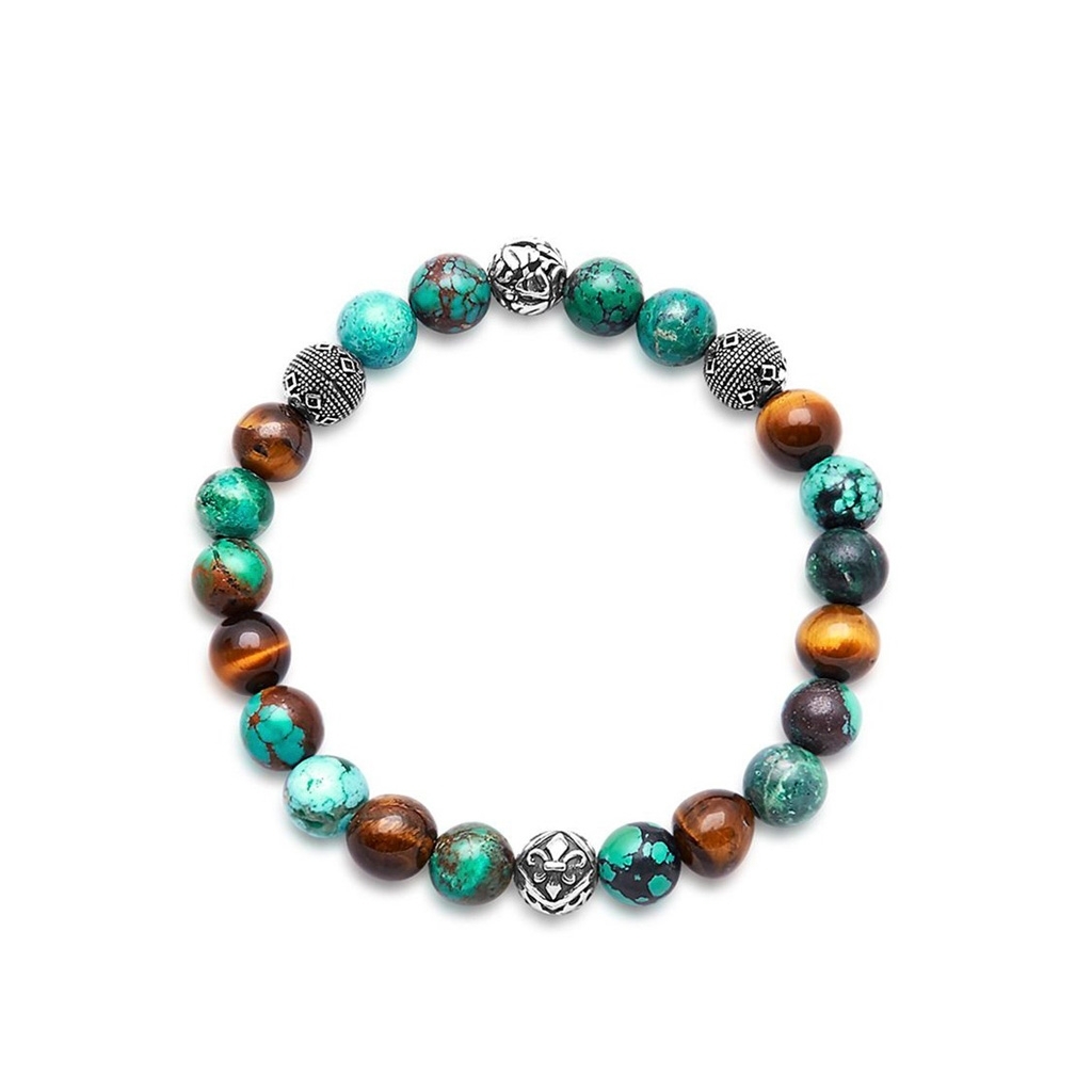 Nialaya Men&#8217;s Wristband with Bali Turquoise, Tiger Eye and Indian Silver