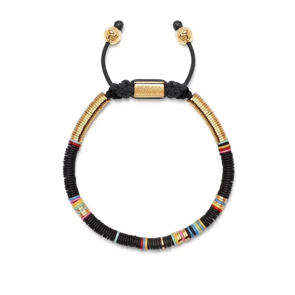 Nialaya Men&#8217;s Beaded Bracelet with Black Disc Beads