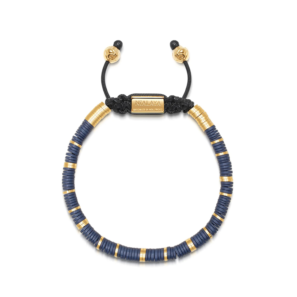 Nialaya Men&#8217;s Beaded Bracelet with Navy Blue and Gold Disc Beads