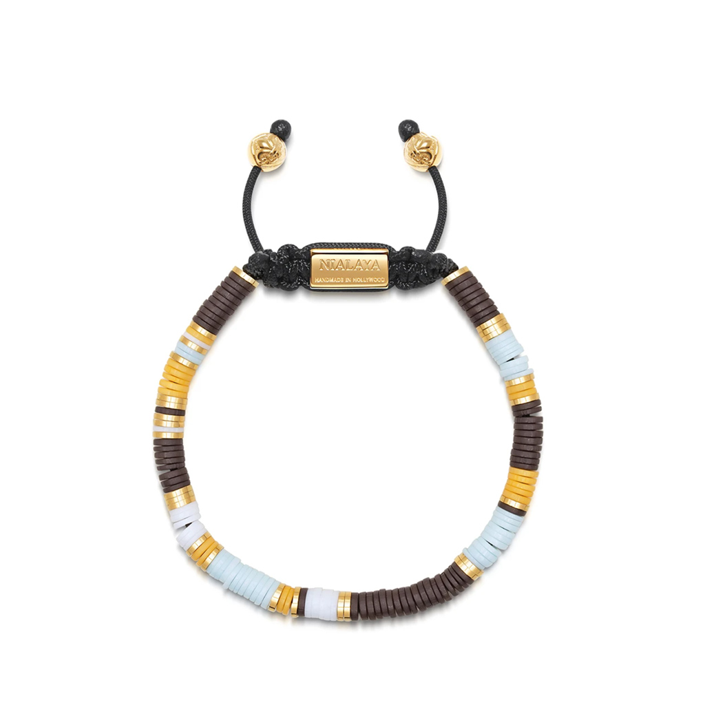 Nialaya Men&#8217;s Beaded Bracelet with Blue, Brown, Orange, White and Gold Disc Beads