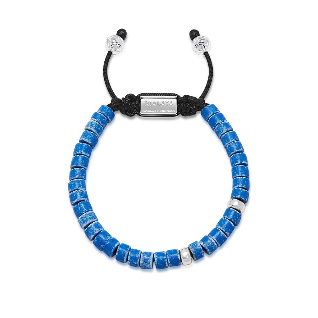 Nialaya Men&#8217;s Beaded Bracelet with Blue Ceramic and Silver Beads