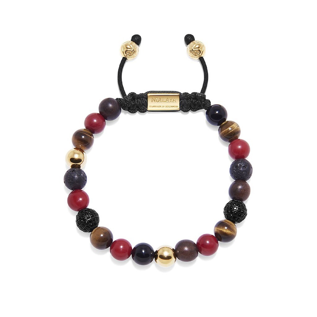 Nialaya Red Jade, Brown Tiger Eye, Lava Stone, Agate, and Ebony Black CZ Beaded Bracelet