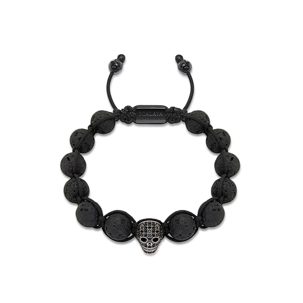 Nialaya Men&#8217;s Beaded Bracelet with Black CZ Diamond Skull and Lava Stone