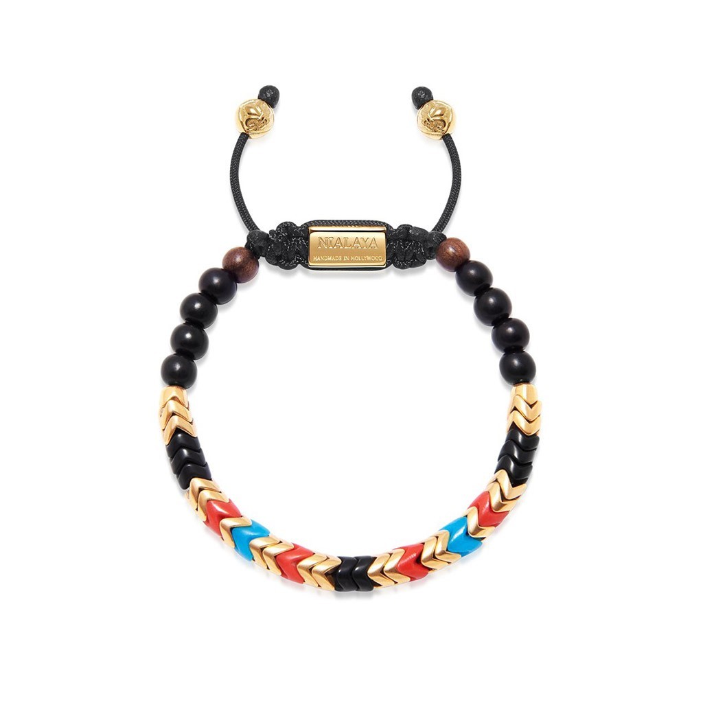 Nialaya Men&#8217;s Snake Bead Bracelet &#8211; Black, Gold, Turquoise and Red