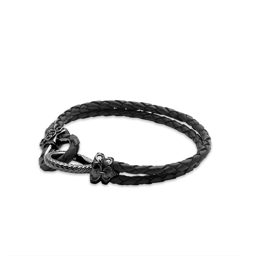 Nialaya Men&#8217;s Black Leather Bracelet with Black Rhodium Plated Hook Clasp
