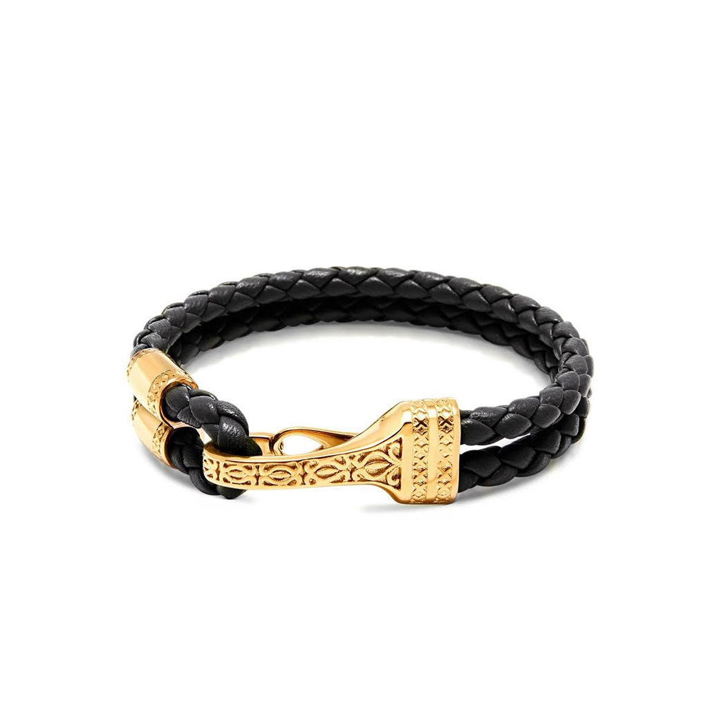 Nialaya Men&#8217;s Black Leather Bracelet with Gold Plated Bali Clasp Lock