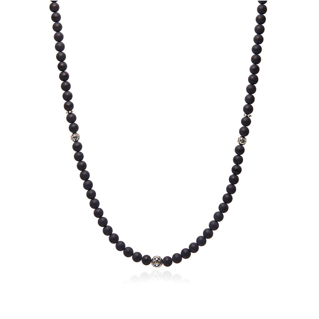 Nialaya Beaded Necklace With Matte Onyx and Silver