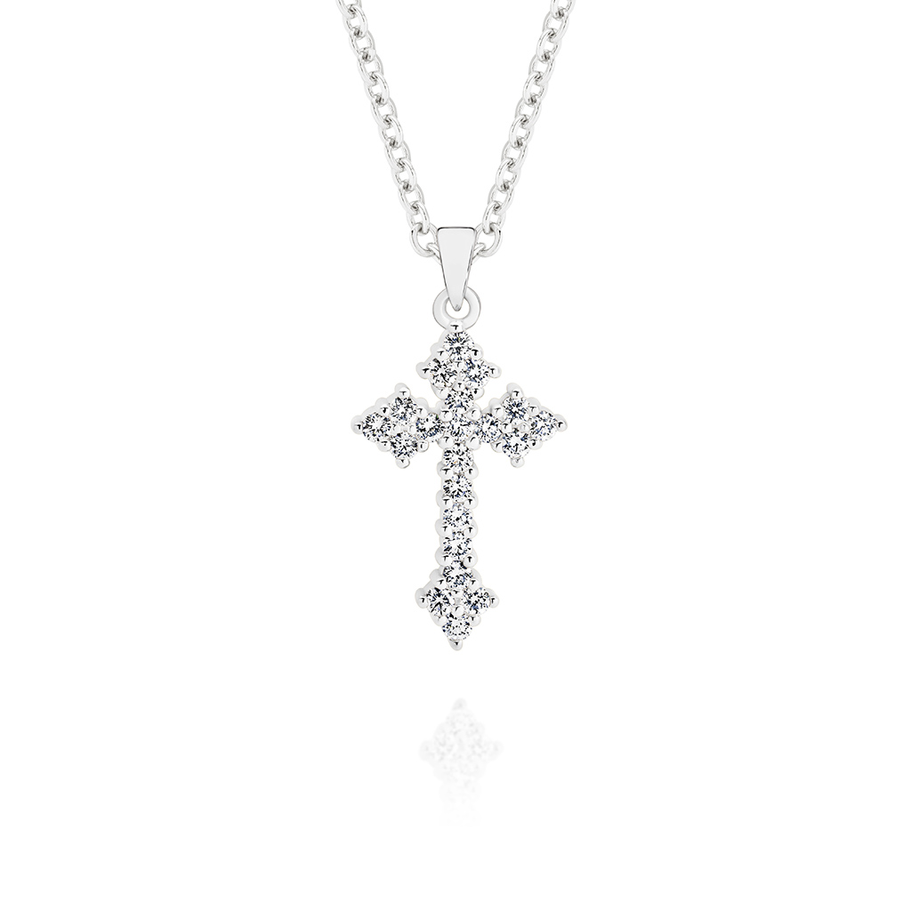 18K White Gold Claw Diamond Cluster Cross Pendant