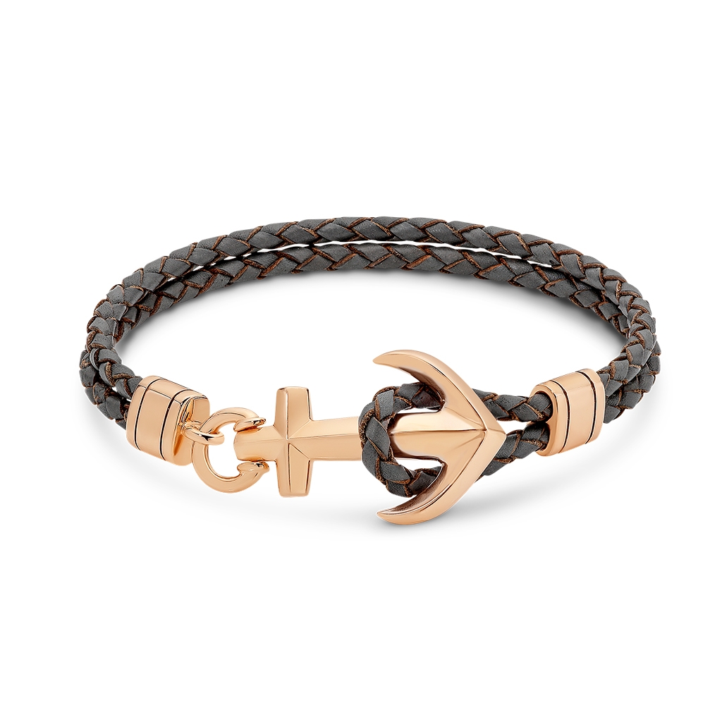 Sterling Silver &#038; Rose Gold Plated Anchor Leather Bracelet