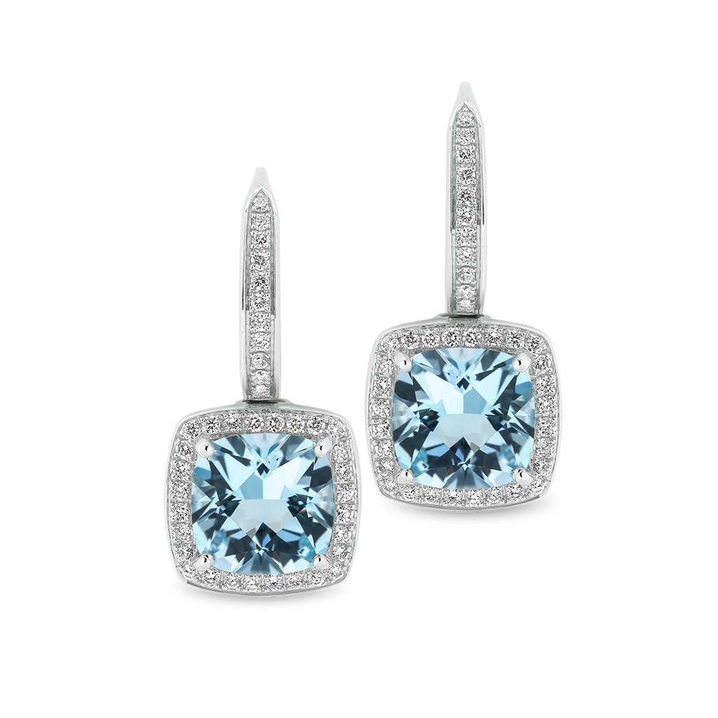 Tycoon Cushion Blue Topaz &#038; Diamond Halo Drop Earrings