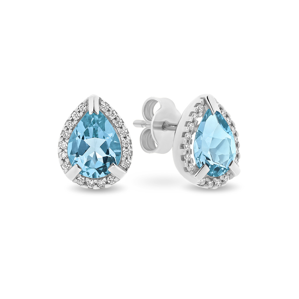 Blue Topaz &#038; Diamond Pear Halo Stud Earrings